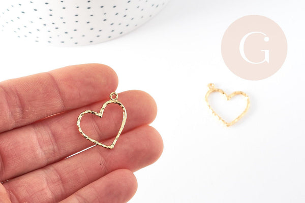 Pendentif coeur martelé laiton doré 18K, pendentif géométrique texturé création bijoux, 23x22mm, x2 G5529