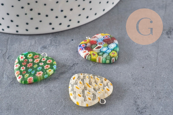 Pendentif cœur millefiori verre murano 27mm, x1 (G7143)