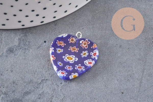 Pendentif cœur millefiori verre murano 27mm, x1 (G7143)