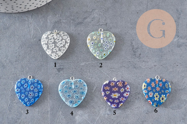 Colgante corazón millefiori de cristal de Murano 27 mm, x1 (G7143)
