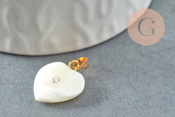 Pendentif coeur nacre blanche naturelle doré cristal 19mm, x1 (G1065)