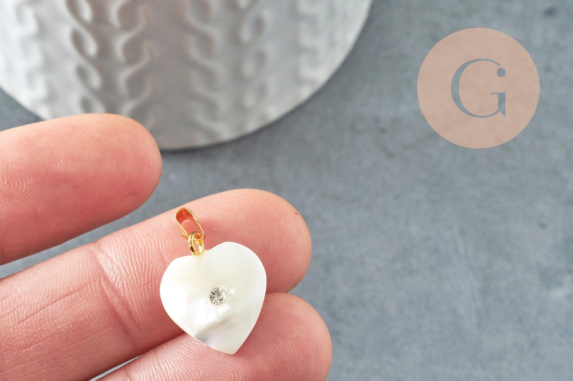 Pendentif coeur nacre blanche naturelle doré cristal 19mm, x1 (G1065)