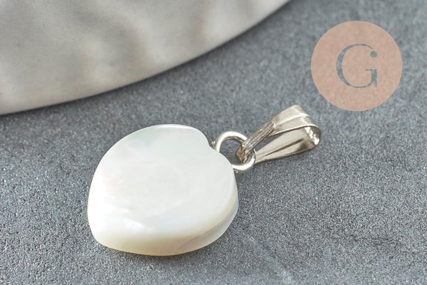 Pendentif coeur nacre blanche naturelle laiton platine 12-13mm, x2 ou x5 (G3993)