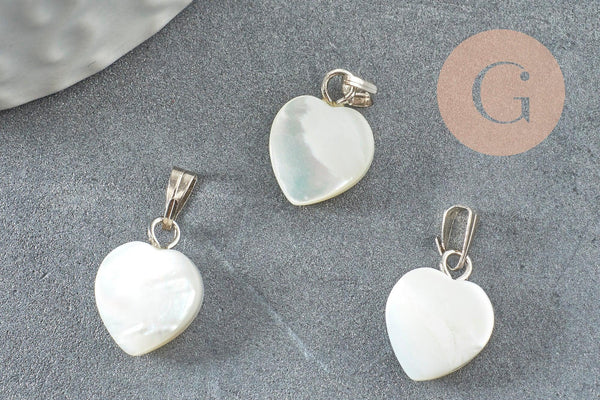 Pendentif coeur nacre blanche naturelle laiton platine 12-13mm, x2 ou x5 (G3993)