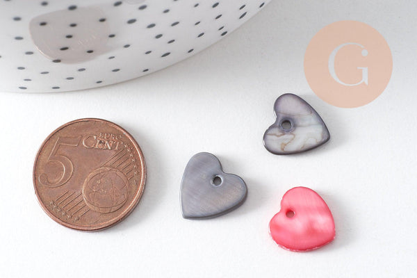 Pendentif coeur nacre naturelle multicolore 12mm, x 10 (G1855)