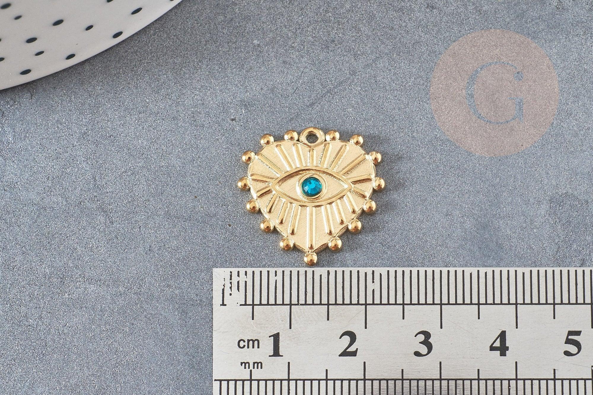 Pendentif coeur oeil acier doré inoxydable zircon vert 19.5mm, un joli pendentif pour la création de bijoux DIY, x1,G6032