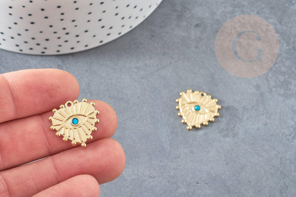 Pendentif coeur oeil acier doré inoxydable zircon vert 19.5mm, un joli pendentif pour la création de bijoux DIY, x1,G6032