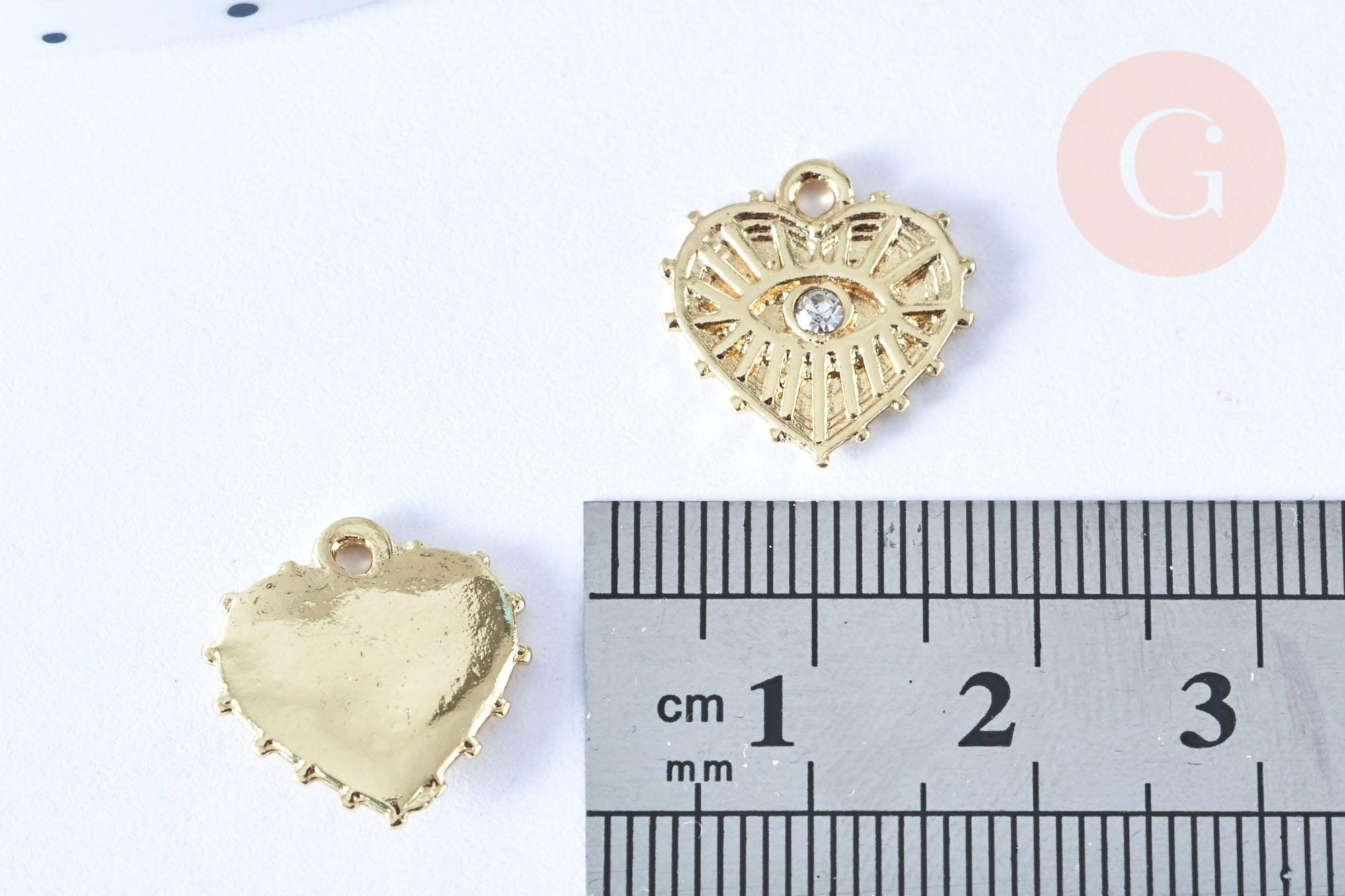 Pendentif coeur oeil cristal blanc laiton doré 15mm,sans nickel, création bijoux astro, pendentif chance, x1 G7123