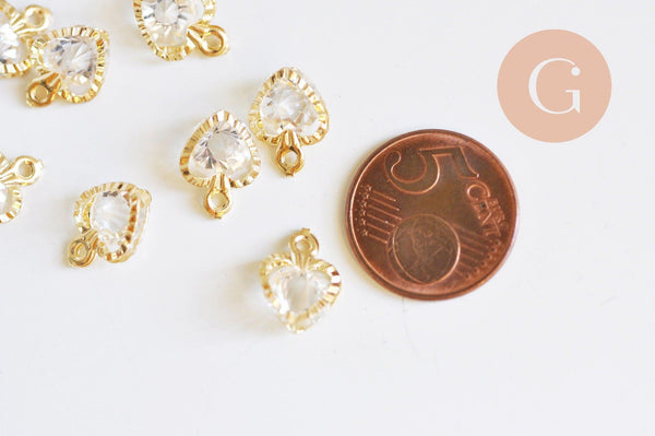 Pendentif coeur or rose cristal zircon,fournitures créatives, pendentif or rose,pendentif cristal, création bijoux,10mm, x 4 (G2919)