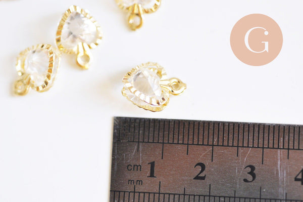 Pendentif coeur or rose cristal zircon,fournitures créatives, pendentif or rose,pendentif cristal, création bijoux,10mm, x 4 (G2919)
