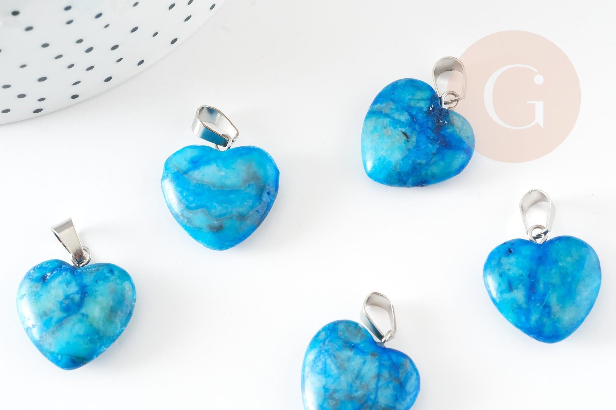 Pendentif coeur pierre naturelle bleu turquoise laiton platine 22mm, pendentif pour création bijou amour x1 G9262