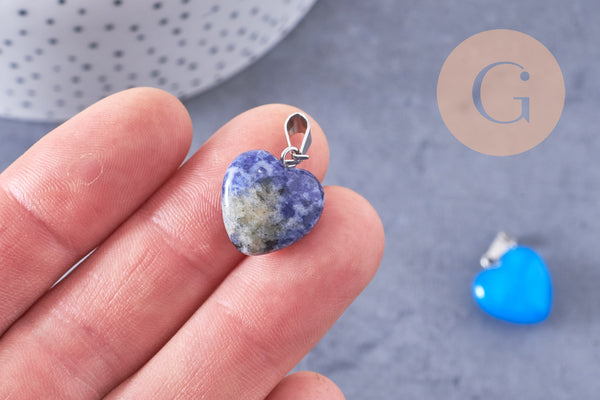 Pendentif cœur pierre naturelle laiton platine 17~19mm, x1 (G7958)