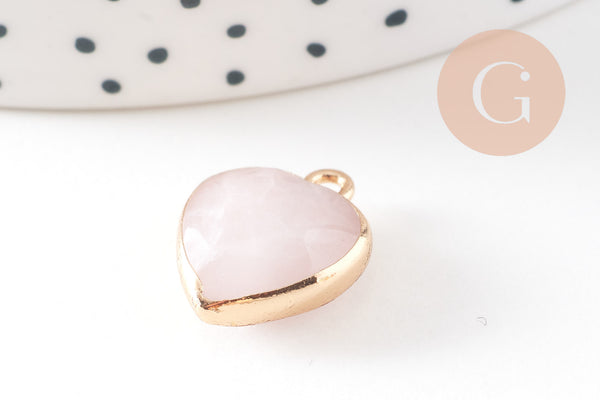 Pendentif coeur quartz rose facette fer doré 17mm,pendentif bijoux pierre naturel, x1 (G0856)