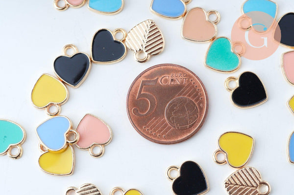 Pendentif coeur zamac doré émail multicolore 12mm,pendentif doré pour création de bijoux, x5 (G6103)
