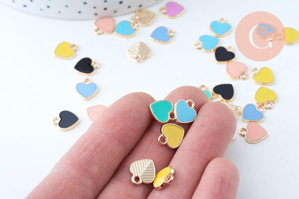 Pendentif coeur zamac doré émail multicolore 12mm,pendentif doré pour création de bijoux, x5 (G6103)