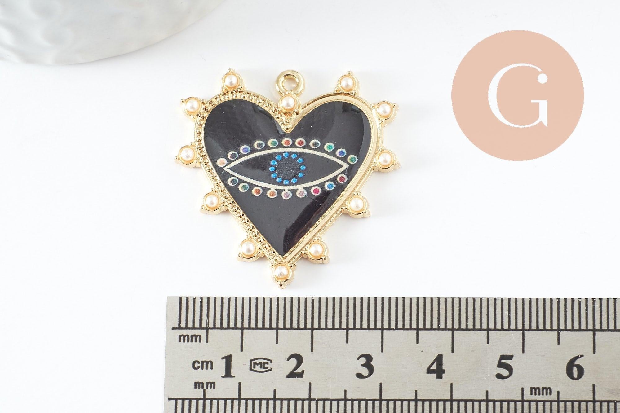 Pendentif coeur zamac doré émail noir 33mm, x1 (G4116)