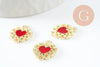 Pendentif coeur zamac doré émail rouge 16mm, création bijou coeur et amour, un bijou en dentelle dorée x2 (G4221)