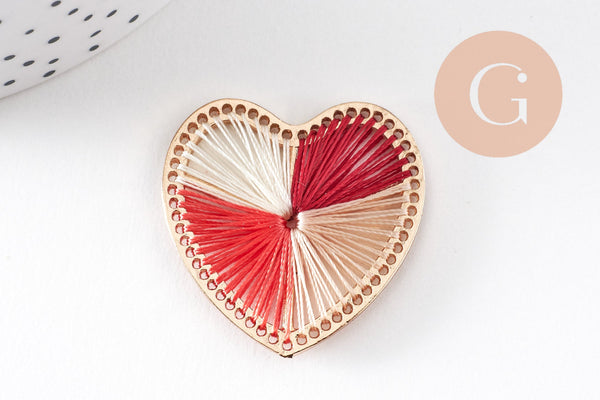 Pendentif coeur zamac doré tissé fil multicolore 26.5mm, x1 (G5843)