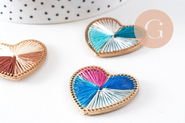 Pendentif coeur zamac doré tissé fil multicolore 26.5mm,fournitures créatives, sans nickel,perle géométrique, x1 (G5843)