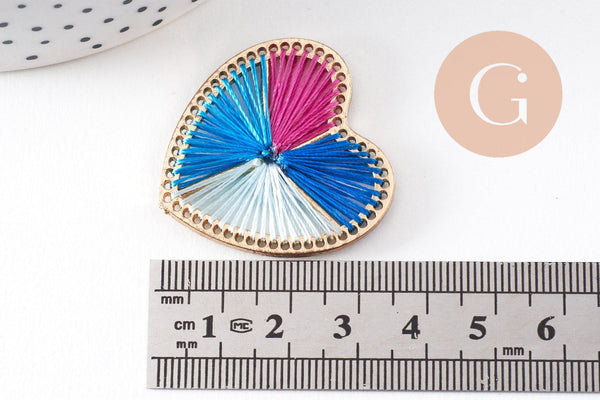 Pendentif coeur zamac doré tissé fil multicolore 26.5mm,fournitures créatives, sans nickel,perle géométrique, x1 (G5843)