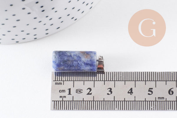 Pendentif colone jaspe bleu naturel acier inoxydable platine 25mm, x1 (G10075)