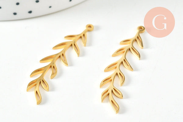 Pendentif connecteur acier doré inoxydable feuille 44mm, bijou acier hypoallergénique sans libération de nickel, x1, G6338