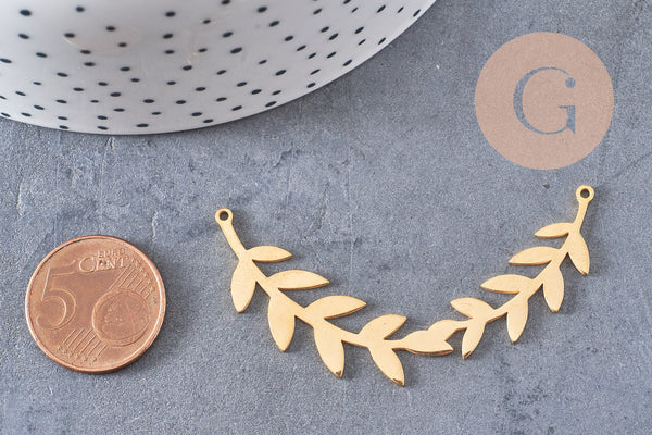 Pendentif connecteur acier doré inoxydable feuille laurier, un bijou en acier hypoallergénique sans libération de nickel,59mm x1 G4550