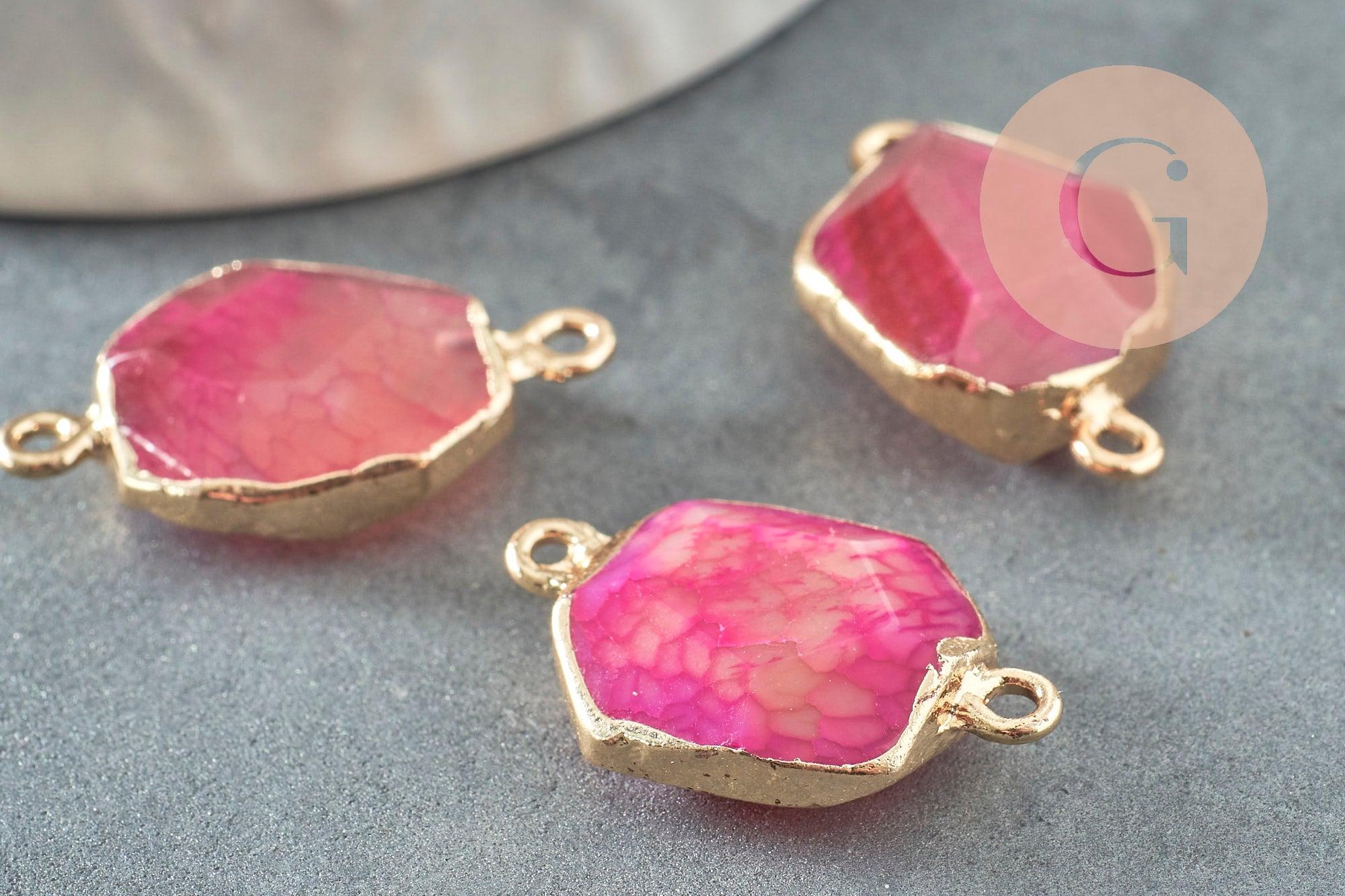 Pendentif connecteur agate naturelle teintée rose fer doré 25mm,création bijoux pierre naturelle, x1 G5707