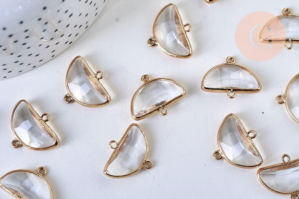 Pendentif connecteur demi-lune doré cristal transparent facettes,pendentif cristal, pendentif doré,création bijoux,24mm, x 2, G5584