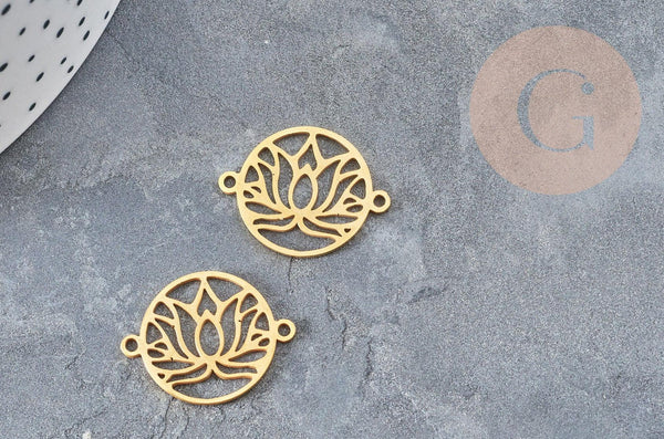 Pendentif connecteur fleur de lotus acier 201 inoxydable doré 17.5mm, création bijoux acier, x1 (G6025)