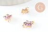 Pendentif connecteur fleur doré 24 carats zircon violet,pendentif doré cristal, 12.5mm, x1 (G4035)
