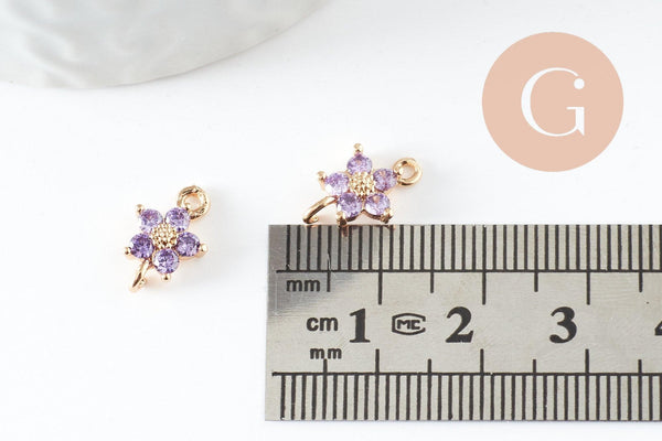 Pendentif connecteur fleur doré 24 carats zircon violet,pendentif doré cristal, 12.5mm, x1 (G4035)