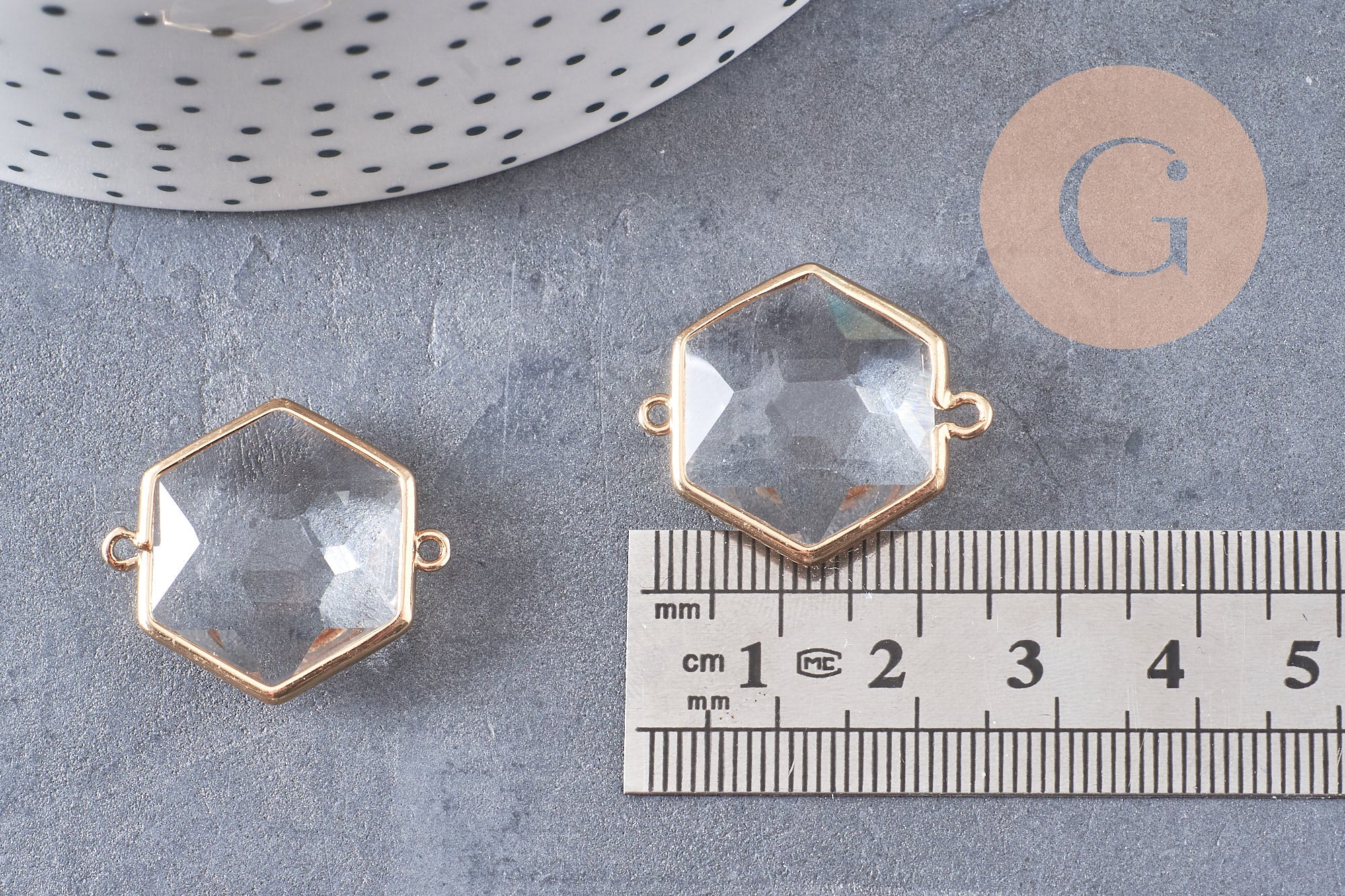 Pendentif connecteur hexagone doré cristal transparent facettes,pendentif cristal, pendentif doré,création bijoux,25.5mm, x 2 (G2647)
