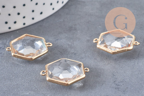 Pendentif connecteur hexagone doré cristal transparent facettes,pendentif cristal, pendentif doré,création bijoux,25.5mm, x 2,G2647