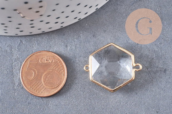 Pendentif connecteur hexagone doré cristal transparent facettes,pendentif cristal, pendentif doré,création bijoux,25.5mm, x 2,G2647