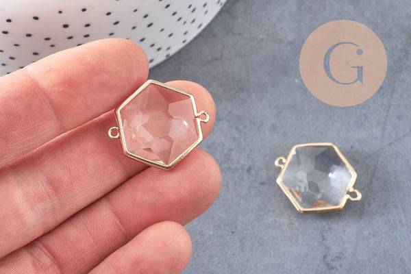 Pendentif connecteur hexagone doré cristal transparent facettes,pendentif cristal, pendentif doré,création bijoux,25.5mm, x 2,G2647