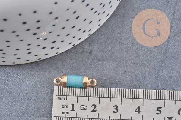 Pendentif connecteur jade bleu tube fer doré 20mm, pendentif bijoux pierre, x1 (G1031)