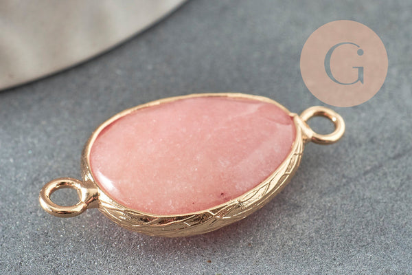Pendentif connecteur jade naturel teinté rose laiton doré 27.5mm, x1 (G6407)