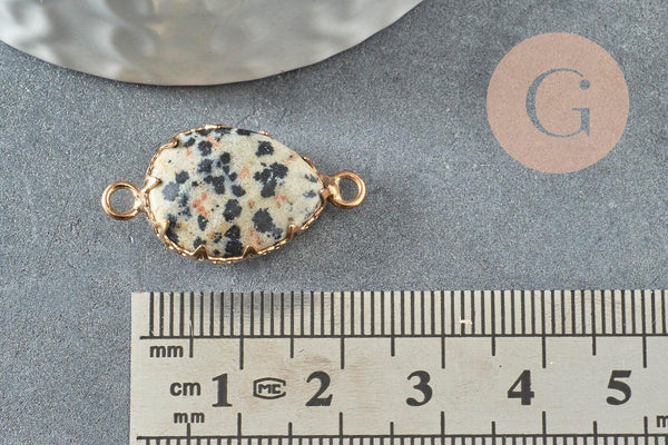 Pendentif connecteur jaspe dalmatien naturel laiton doré 27mm, x1 (G3795)