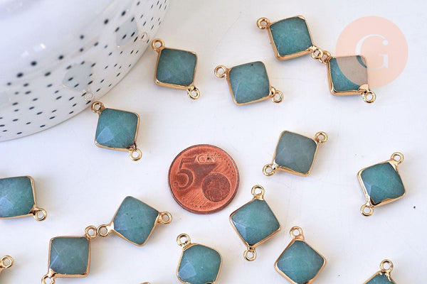 Pendentif connecteur losange aventurine verte doré,pendentif aventurine naturelel,pendentif pierre,22mm, x1 G5624