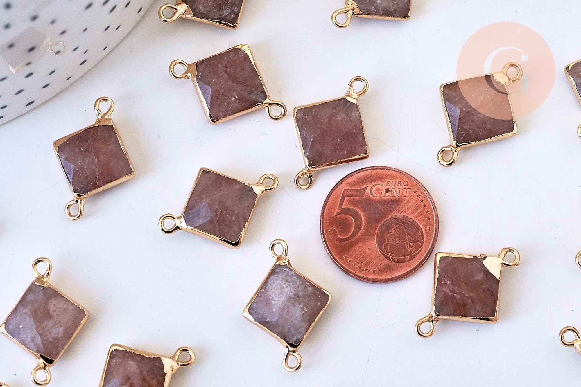 Pendentif connecteur losange quartz fraise naturel fer doré 22mm, x1 (G5589)