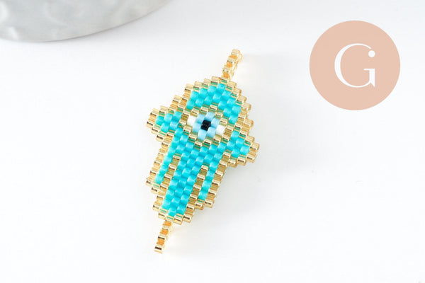 Pendentif connecteur main oeil protecteur rocaille MIYUKI TOHO turquoise or 37mm, x1 (G5725)