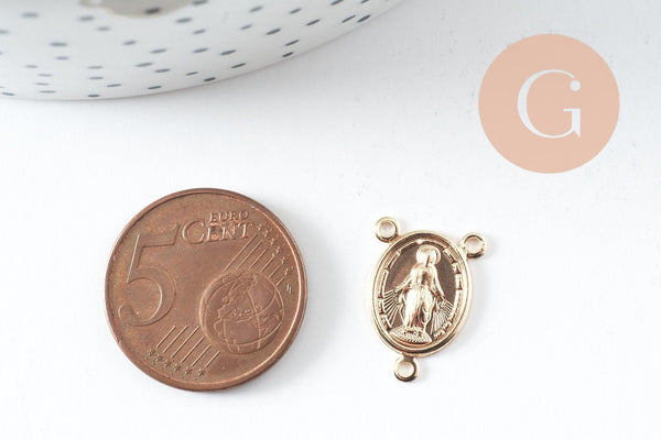 Pendentif connecteur médaille ovale Vierge Marie or 18K 17mm, pendentif 3 anneaux notre dame madonne, x5 (G10042)