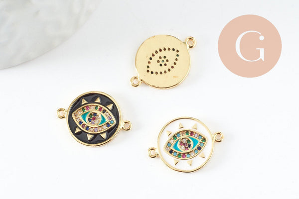 Pendentif connecteur oeil cristal zircon émail coloré,pendentif en laiton doré porte-bonheur contre mauvais oeil 20mm, x1 (G3575)