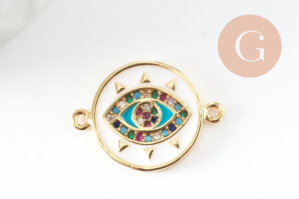 Pendentif connecteur oeil cristal zircon émail coloré,pendentif en laiton doré porte-bonheur contre mauvais oeil 20mm, x1 (G3575)