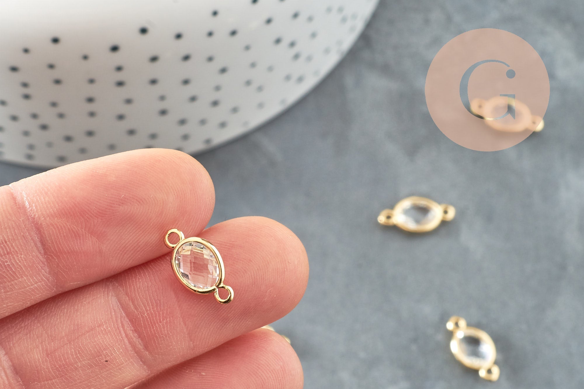 Pendentif connecteur ovale laiton doré Cristal transparent 15mm, x2 (G4095)