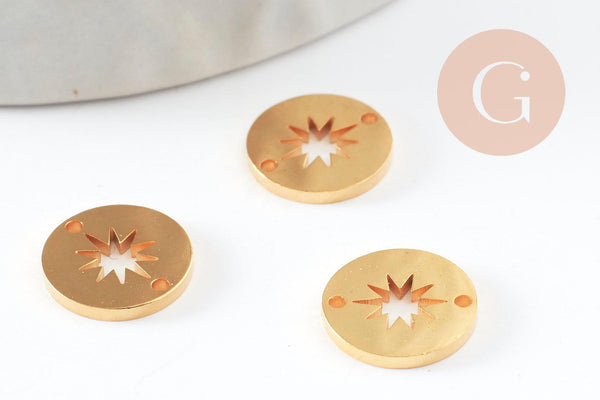 Pendentif connecteur rond acier 304 inoxydable doré soleil évidé 10mm, x1 (G9982)