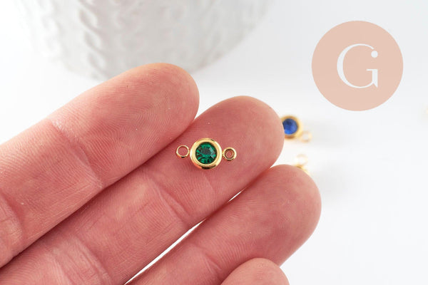 Pendentif connecteur rond acier 304 inoxydable doré zircon coloré 12mm,pendentif pierre de naissance cristal, x1 G9582