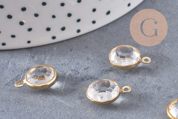 Pendentif connecteur rond laiton brut Cristal transparent,création bijou cristal et or,15mm, x1 G4408