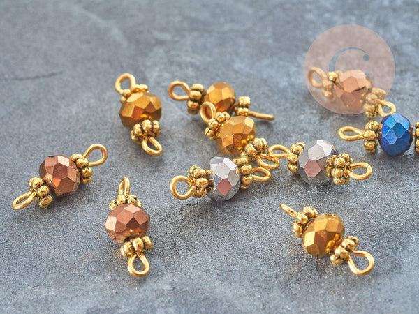 Pendentif connecteur rond verre facetté irisé zamac doré 9mm, x10 (G4117)